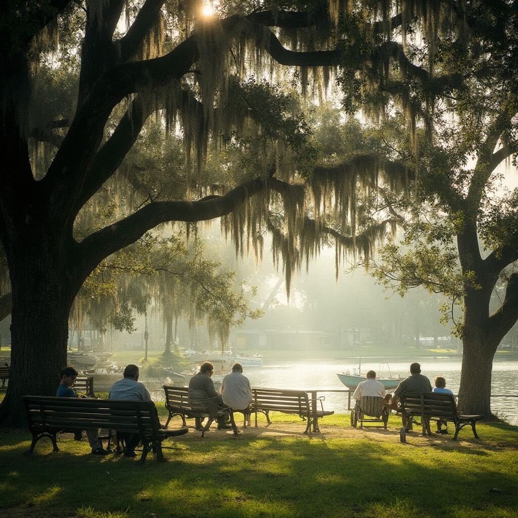 Community gathering at Donnelly Park with Lake Dora in the background, sunlight filtering through Spanish moss-draped oak trees, and classic cat boats moored at waterfront