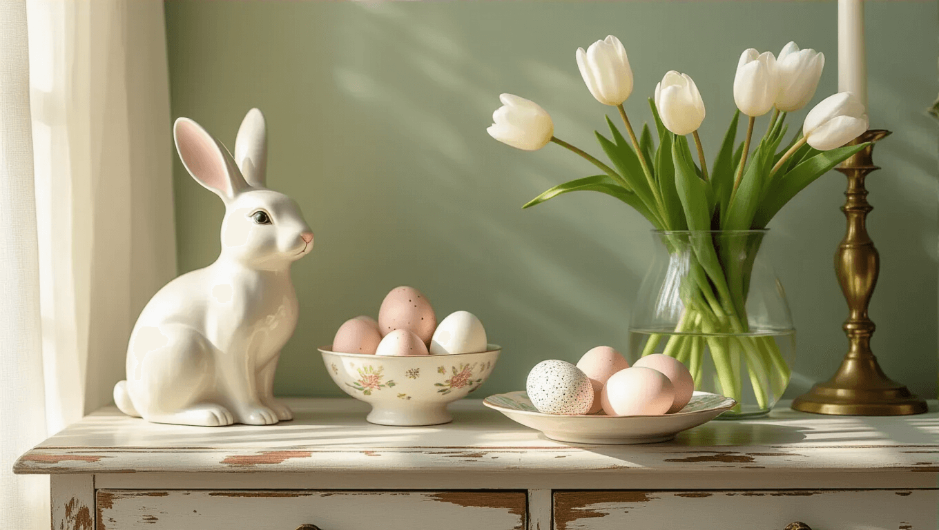 Photorealistic Easter entryway console featuring a ceramic white bunny, hand-painted speckled eggs on an antique saucer, and fresh cream tulips in a delicate vase, set against sage green wallpaper with warm morning sunlight filtering through sheer curtains.