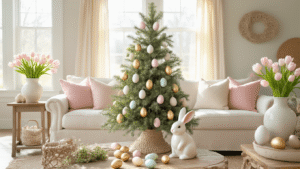 The Easter Decorations That'll Make Your Neighbors Stop and Stare (Without Breaking the Bank) Sunlit farmhouse living room decorated for Easter with a delicate tree of hand-painted honeycomb eggs, cream sofa with pastel pink pillows, ceramic bunny figurine, and pastel decorative eggs amidst sage greenery and pale pink tulips, creating a cozy spring atmosphere.