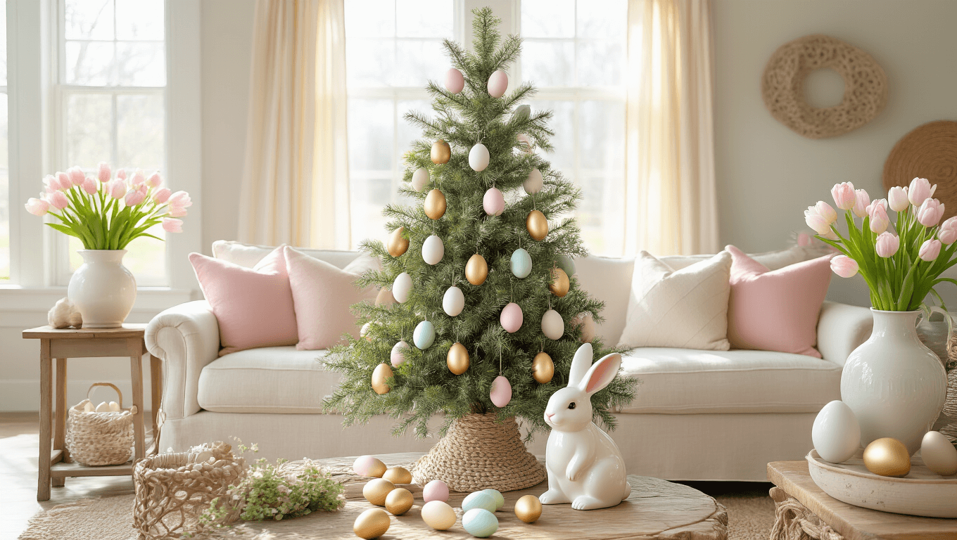 Sunlit farmhouse living room decorated for Easter with a delicate tree of hand-painted honeycomb eggs, cream sofa with pastel pink pillows, ceramic bunny figurine, and pastel decorative eggs amidst sage greenery and pale pink tulips, creating a cozy spring atmosphere.
