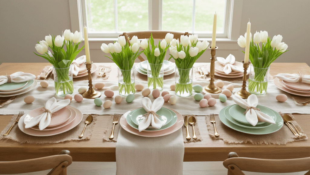 Easter Tablescapes That'll Make Your Guests Forget About the Ham Cinematic overhead view of an elegant Easter tablescape featuring pastel plates, white tulips, bunny-ear folded napkins, and hand-painted wooden eggs on a natural oak dining table.