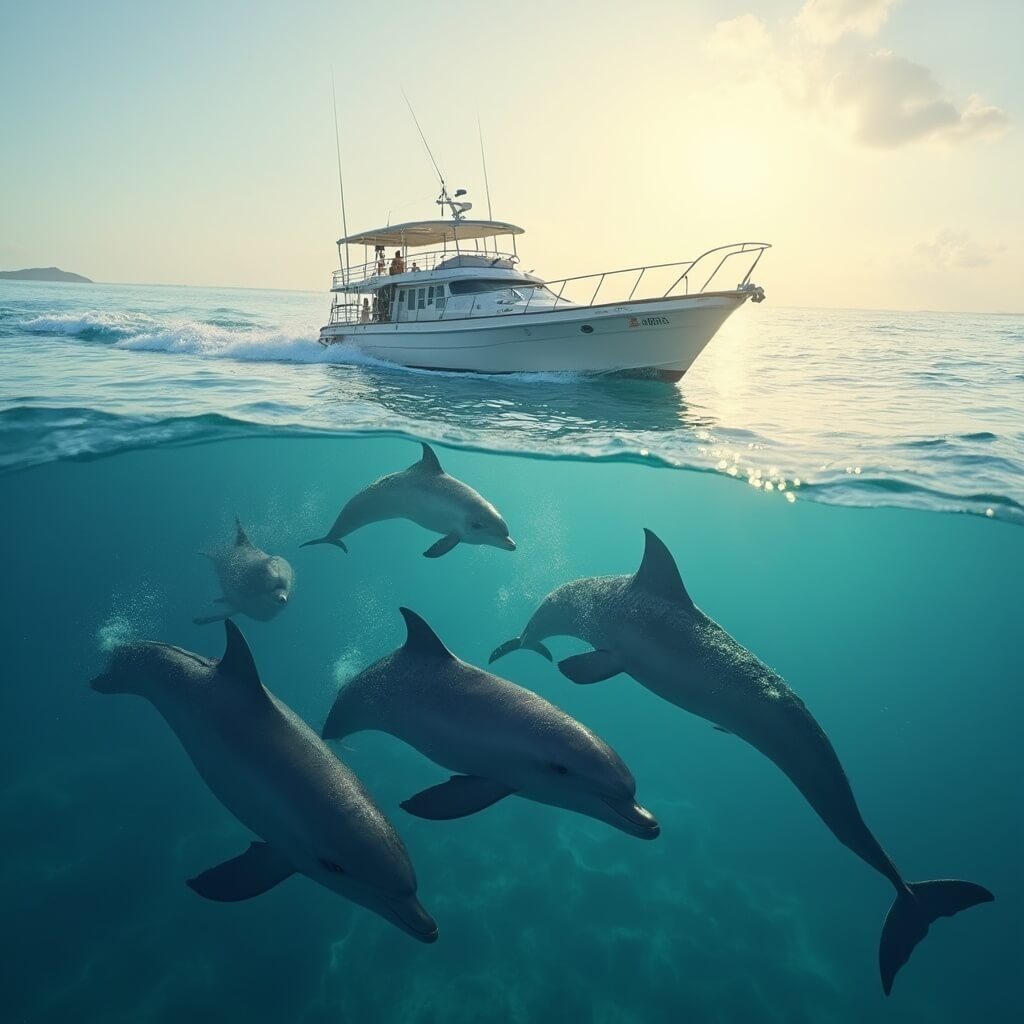 Ecotourism boat sailing on calm azure waters with a pod of bottlenose dolphins, under a soft sunrise light, in a detailed marine ecosystem photograph