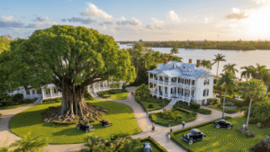 "Aerial view of Edison & Ford Winter Estates with a century-old banyan tree, historic Victorian homes, original research laboratory, botanical gardens, Caloosahatchee River waterfront, vintage Ford automobiles, and visitors exploring the pathways"