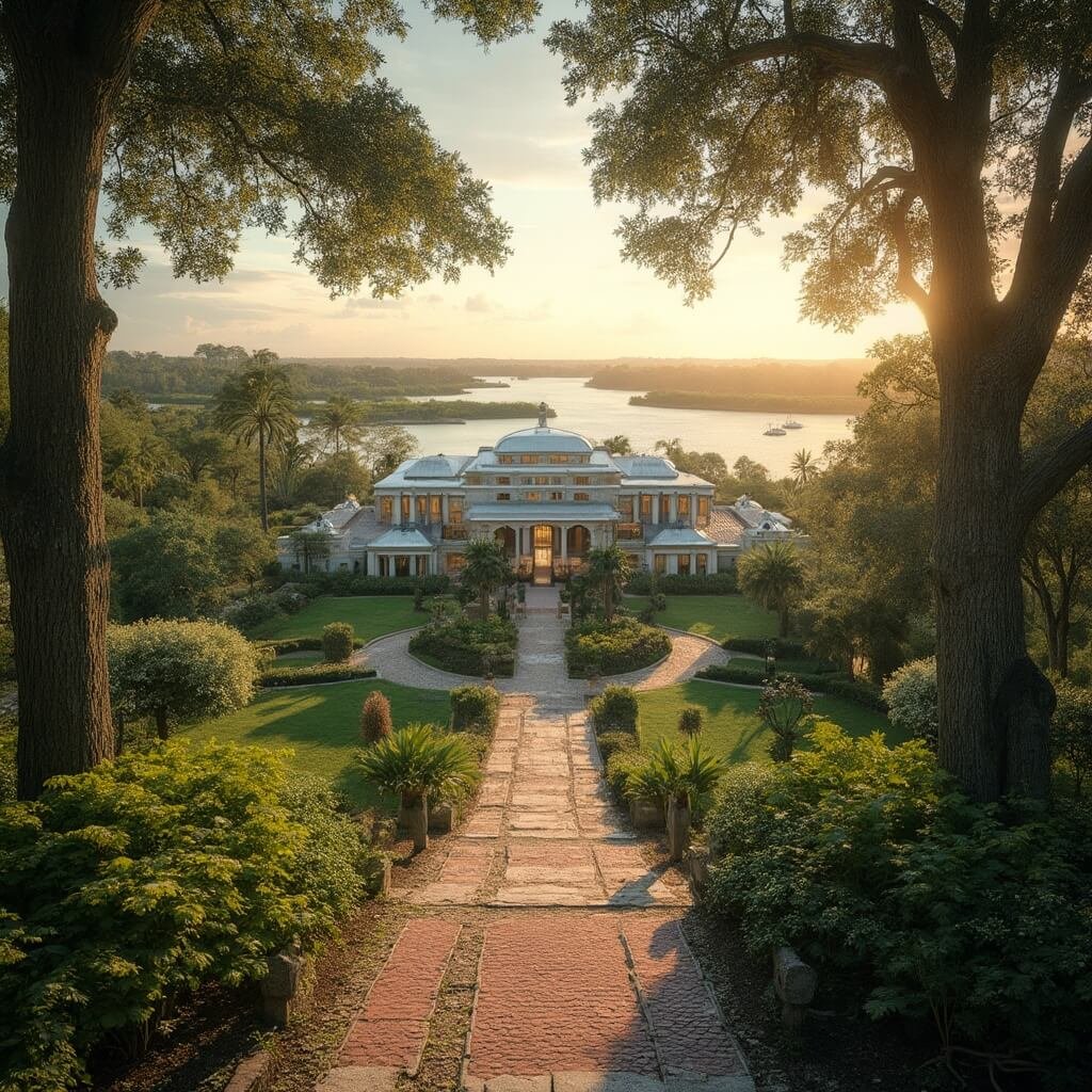 Wide-angle shot of Edison & Ford Winter Estates with historical homes, lush gardens, and the Caloosahatchee River during golden hour