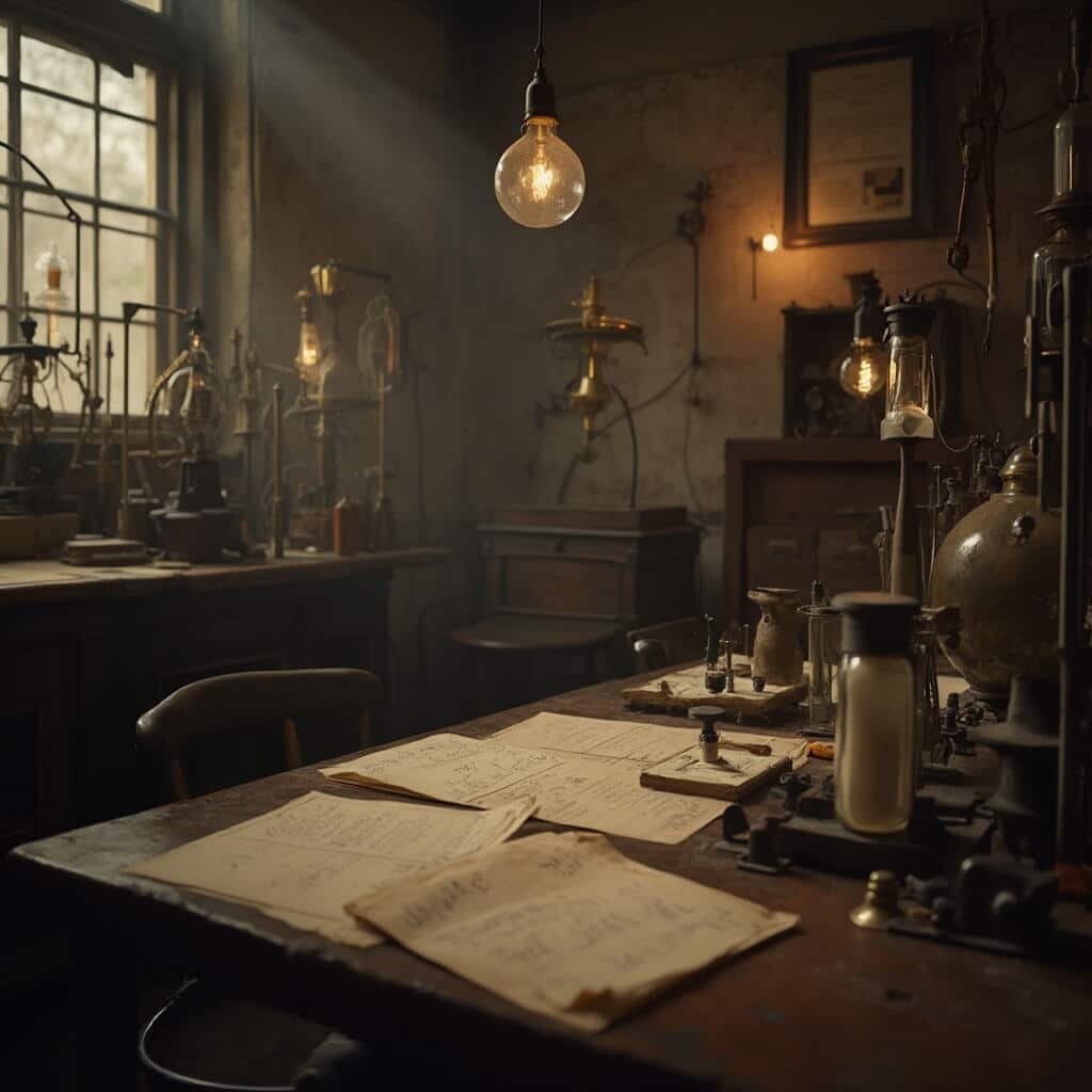 Vintage scientific instruments, handwritten notes, and experimental workstations inside Thomas Edison's original research laboratory, illuminated softly to highlight historic detail and the innovative spirit of early 20th-century scientific exploration.