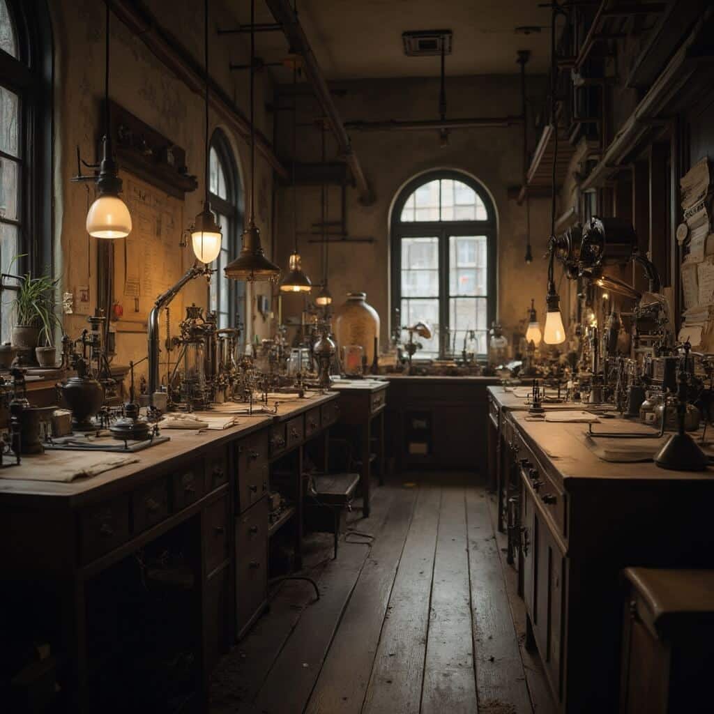 Interior view of Thomas Edison's original research laboratory with vintage scientific instruments, handwritten notes, and technological artifacts under soft museum-quality lighting