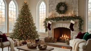 Elegant Christmas living room with a grand tree by cathedral windows, adorned with festive decor, warm lighting, rich textures, and cozy details, creating a magical holiday atmosphere.