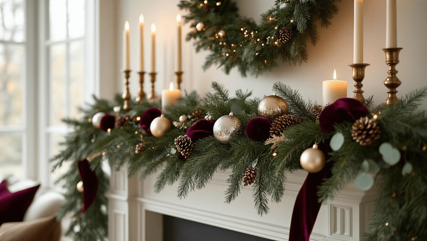 Elegant Christmas mantel adorned with lush garland, mercury glass ornaments, and brass candlesticks, set in a cozy living room with a cream and gold color palette, warm soft lighting, and textured accents.