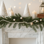 Cinematic close-up of an elegant Christmas mantel adorned with fresh evergreen garland, pearl strands, and champagne silk ribbon on a marble fireplace, featuring ceramic trees, vintage books, and silver lanterns with a soft bokeh background.