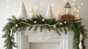How to Create Elegant Christmas Decor That Actually Looks Expensive (Without Going Broke) Cinematic close-up of an elegant Christmas mantel adorned with fresh evergreen garland, pearl strands, and champagne silk ribbon on a marble fireplace, featuring ceramic trees, vintage books, and silver lanterns with a soft bokeh background.