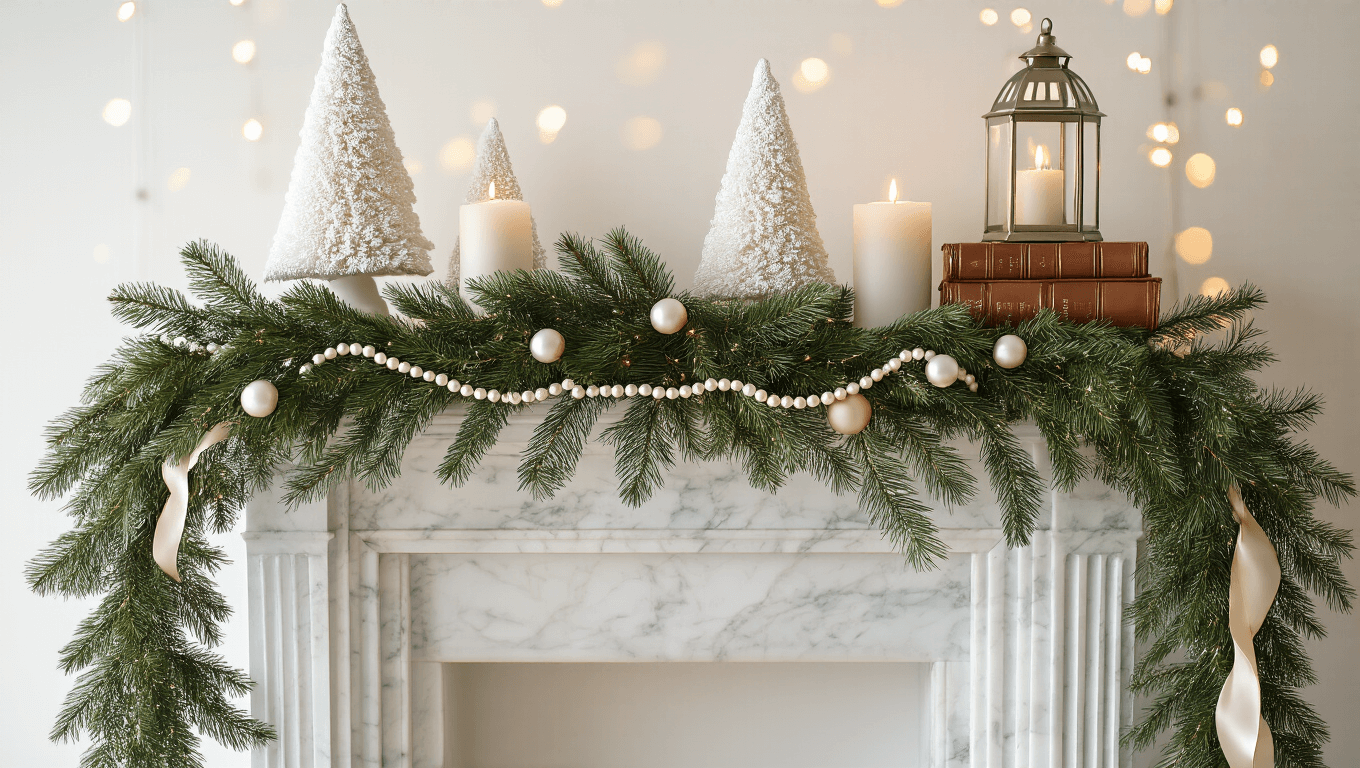 Cinematic close-up of an elegant Christmas mantel adorned with fresh evergreen garland, pearl strands, and champagne silk ribbon on a marble fireplace, featuring ceramic trees, vintage books, and silver lanterns with a soft bokeh background.