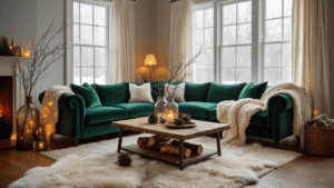 How I Transformed My Home Into a Winter Wonderland Without Breaking the Bank A cozy winter living room at golden hour featuring a deep emerald velvet sofa, cream cable-knit throws, sheepskin rug, rustic wooden coffee table with pinecones, tall glass vases with bare branches and warm string lights, soft gray walls, ivory curtains, and layered blankets, all creating an inviting atmosphere with warm LED lighting.