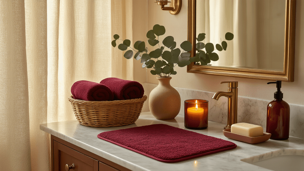 Fall Bathroom Decor: Transform Your Space Into a Cozy Autumn Retreat Cinematic fall bathroom with marble vanity, burgundy towels in wicker basket, amber glass votives, terracotta bath mat, cream shower curtain, brass mirror reflecting candlelight, eucalyptus in a vase, burnt sienna soap dispenser, and warm lighting for a spa-like atmosphere.