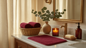 Cinematic fall bathroom with marble vanity, burgundy towels in wicker basket, amber glass votives, terracotta bath mat, cream shower curtain, brass mirror reflecting candlelight, eucalyptus in a vase, burnt sienna soap dispenser, and warm lighting for a spa-like atmosphere.