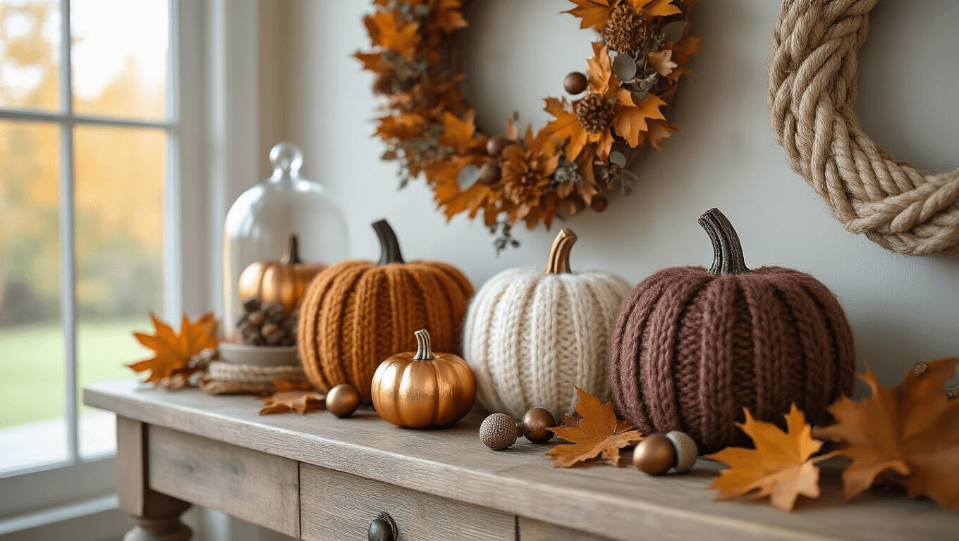 A modern entryway console adorned with handmade fall crafts, including wool sweater pumpkins in warm tones, copper-painted foam pumpkins, pressed flowers under cloches, and a braided rope wreath, all set on reclaimed wood with soft morning light casting warm hues.
