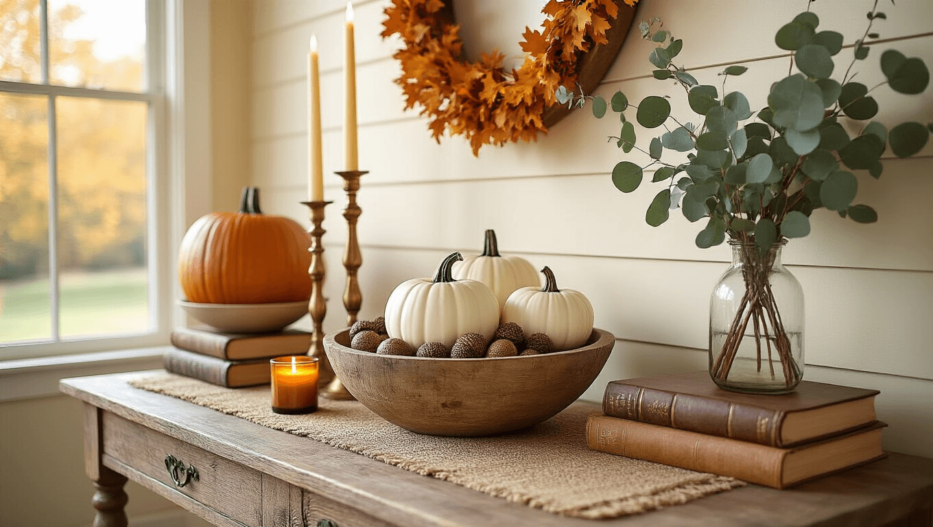Elegant fall entry table styled with pumpkins, eucalyptus, and brass candlesticks on rustic wood, illuminated by golden hour sunlight.