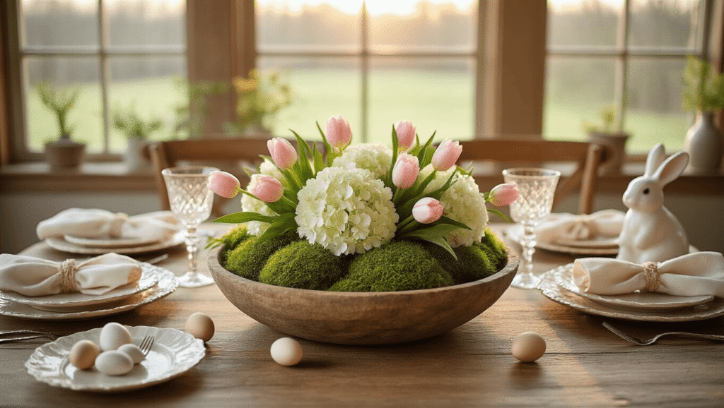 Easter Table Decorations That'll Make Your Guests Say "Wow, Did You Hire a Designer?" Cinematic overhead view of a rustic farmhouse table set for Easter brunch, featuring a weathered dough bowl filled with emerald moss, ivory hydrangeas, and blush tulips, alongside scalloped cream plates, bunny-ear napkins, pastel eggs, vintage cutlery, and porcelain bunny figurines, all bathed in warm golden hour lighting.