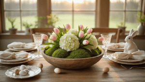 Easter Table Decorations That'll Make Your Guests Say "Wow, Did You Hire a Designer?" Cinematic overhead view of a rustic farmhouse table set for Easter brunch, featuring a weathered dough bowl filled with emerald moss, ivory hydrangeas, and blush tulips, alongside scalloped cream plates, bunny-ear napkins, pastel eggs, vintage cutlery, and porcelain bunny figurines, all bathed in warm golden hour lighting.