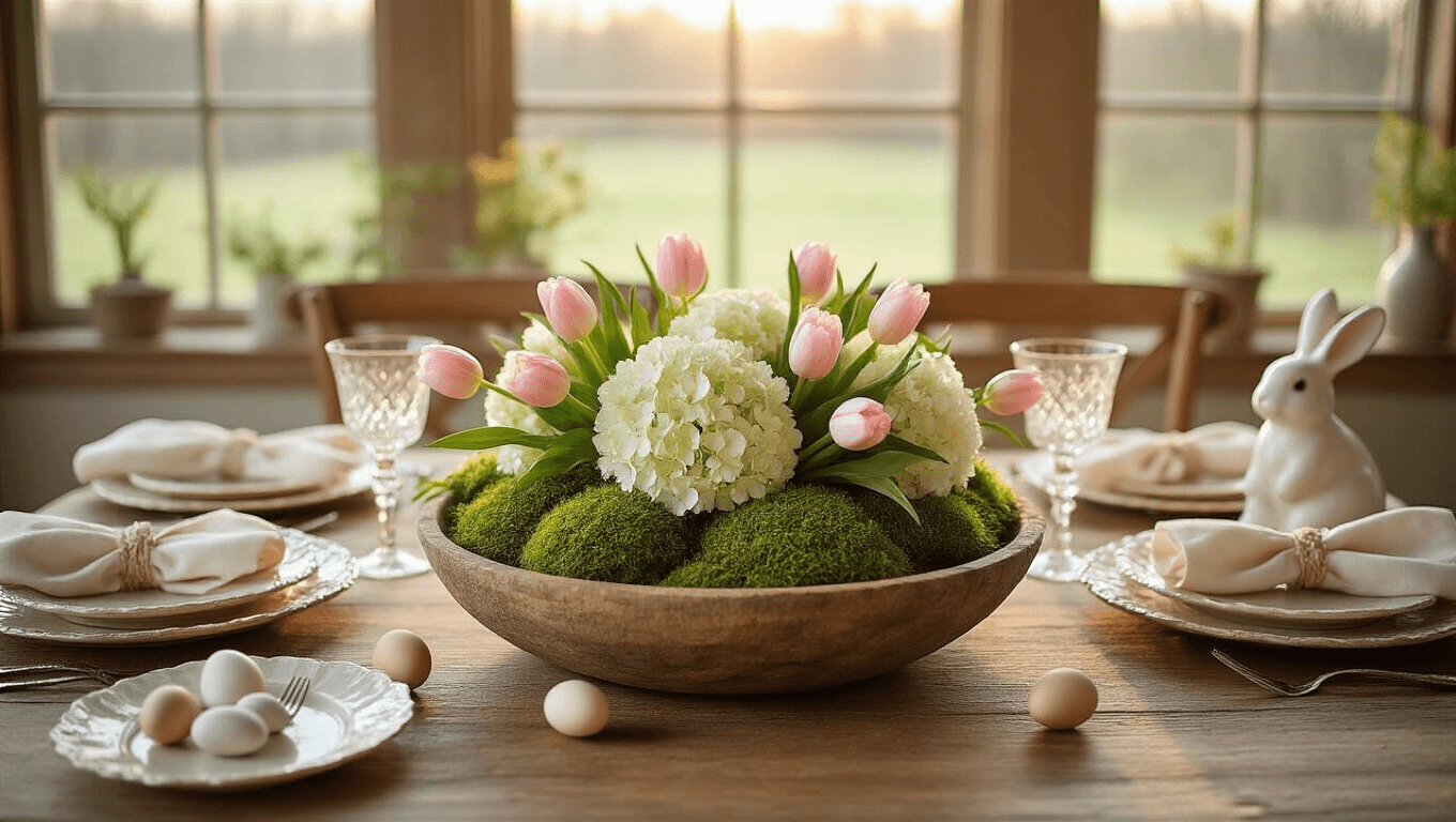Cinematic overhead view of a rustic farmhouse table set for Easter brunch, featuring a weathered dough bowl filled with emerald moss, ivory hydrangeas, and blush tulips, alongside scalloped cream plates, bunny-ear napkins, pastel eggs, vintage cutlery, and porcelain bunny figurines, all bathed in warm golden hour lighting.
