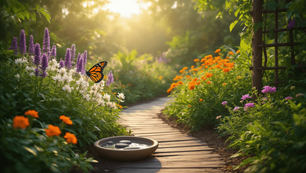 How to Create a Stunning Florida Butterfly Garden That Actually Works A wide-angle view of a vibrant Florida butterfly garden with monarch butterflies, milkweed, salvia, and lantana flowers, featuring a winding wooden pathway and a ceramic water dish, all illuminated by golden morning sunlight.