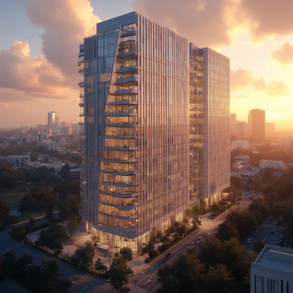 Aerial view of Florida's modern 22-story Capitol building at sunset, showcasing clean lines, panoramic windows and sweeping views of Tallahassee's urban landscape