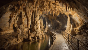 "Underground limestone cavern lit by warm tour lighting, featuring large stalactites, stalagmites, soda straw formations and limestone columns, with a concrete walkway meandering through the narrow passage. Rich geological layers and mineral stains adorn the cave walls, while subtle water reflections suggest an underground river system, in the cool and mysterious setting of Florida Caverns State Park."