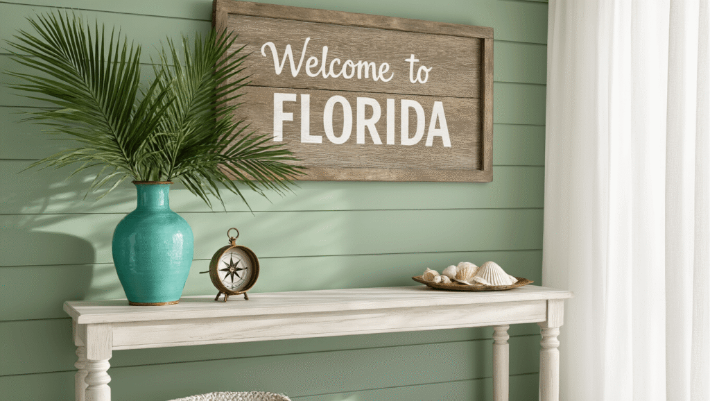 What Does the Florida Welcome Sign Say? Everything You Need to Know About the Sunshine State's Bold New Greeting Photorealistic entryway inspired by coastal Florida, featuring a sage green shiplap wall, a weathered wood-framed "Welcome to Florida" sign, a vintage turquoise vase with palm fronds, and a weathered white oak console table adorned with brass compass and seashells, illuminated by soft morning light filtering through sheer white curtains.