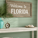 Photorealistic entryway inspired by coastal Florida, featuring a sage green shiplap wall, a weathered wood-framed "Welcome to Florida" sign, a vintage turquoise vase with palm fronds, and a weathered white oak console table adorned with brass compass and seashells, illuminated by soft morning light filtering through sheer white curtains.