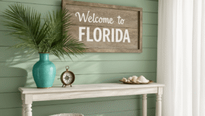 What Does the Florida Welcome Sign Say? Everything You Need to Know About the Sunshine State's Bold New Greeting Photorealistic entryway inspired by coastal Florida, featuring a sage green shiplap wall, a weathered wood-framed "Welcome to Florida" sign, a vintage turquoise vase with palm fronds, and a weathered white oak console table adorned with brass compass and seashells, illuminated by soft morning light filtering through sheer white curtains.