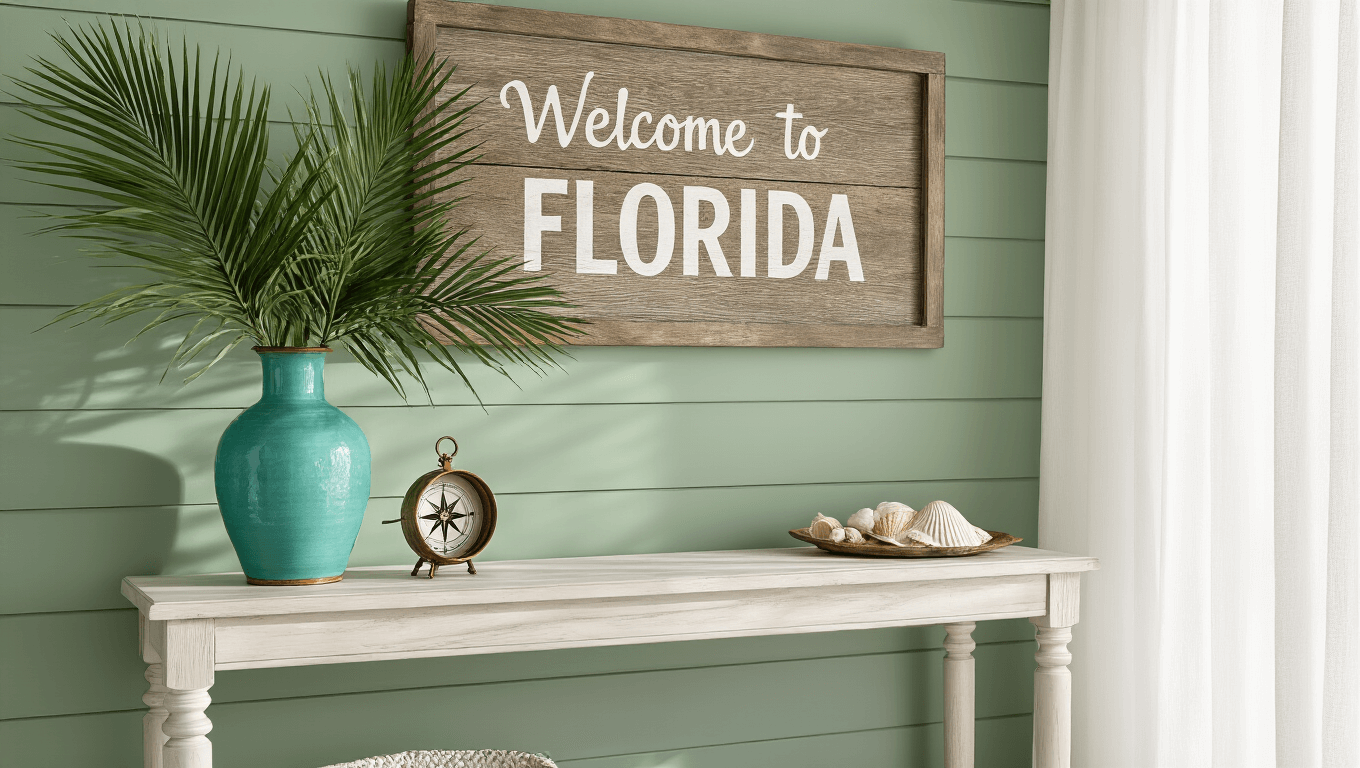 Photorealistic entryway inspired by coastal Florida, featuring a sage green shiplap wall, a weathered wood-framed "Welcome to Florida" sign, a vintage turquoise vase with palm fronds, and a weathered white oak console table adorned with brass compass and seashells, illuminated by soft morning light filtering through sheer white curtains.