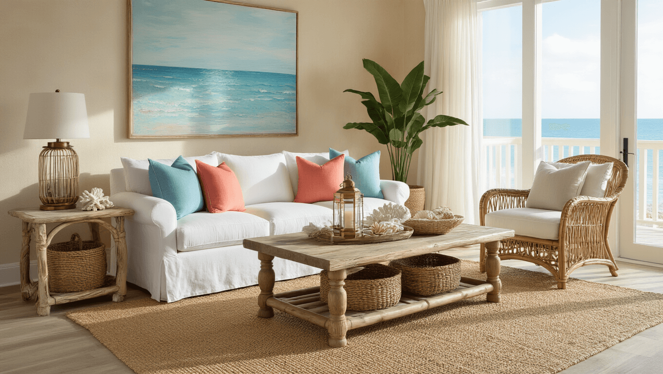 Ultra-realistic Florida coastal living room with rattan furniture, ocean blues, and golden hour light, featuring a white slipcovered sofa, weathered wood coffee table, natural rattan armchair, and floor-to-ceiling windows showcasing palm trees.