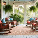 Cinematic wide shot of a cozy Florida front porch featuring weathered wicker rocking chairs with coral and aqua cushions, surrounded by vibrant hibiscus, Boston ferns, and warm Edison string lights.
