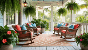 Florida Front Porch Ideas That Actually Work (No Fancy Design Degree Required) Cinematic wide shot of a cozy Florida front porch featuring weathered wicker rocking chairs with coral and aqua cushions, surrounded by vibrant hibiscus, Boston ferns, and warm Edison string lights.