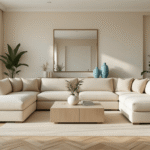 Sophisticated Florida condo living room with light beige sectional sofa, polished herringbone flooring, floor-to-ceiling windows, sheer white curtains, and ocean blue accents, bathed in warm natural light.