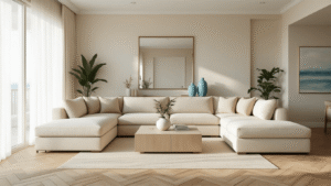 Florida Condo Decorating Ideas That Actually Work in Small Spaces Sophisticated Florida condo living room with light beige sectional sofa, polished herringbone flooring, floor-to-ceiling windows, sheer white curtains, and ocean blue accents, bathed in warm natural light.