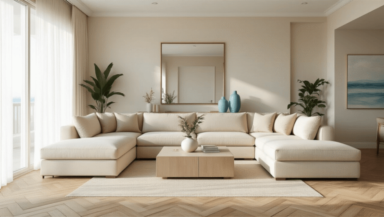 Sophisticated Florida condo living room with light beige sectional sofa, polished herringbone flooring, floor-to-ceiling windows, sheer white curtains, and ocean blue accents, bathed in warm natural light.