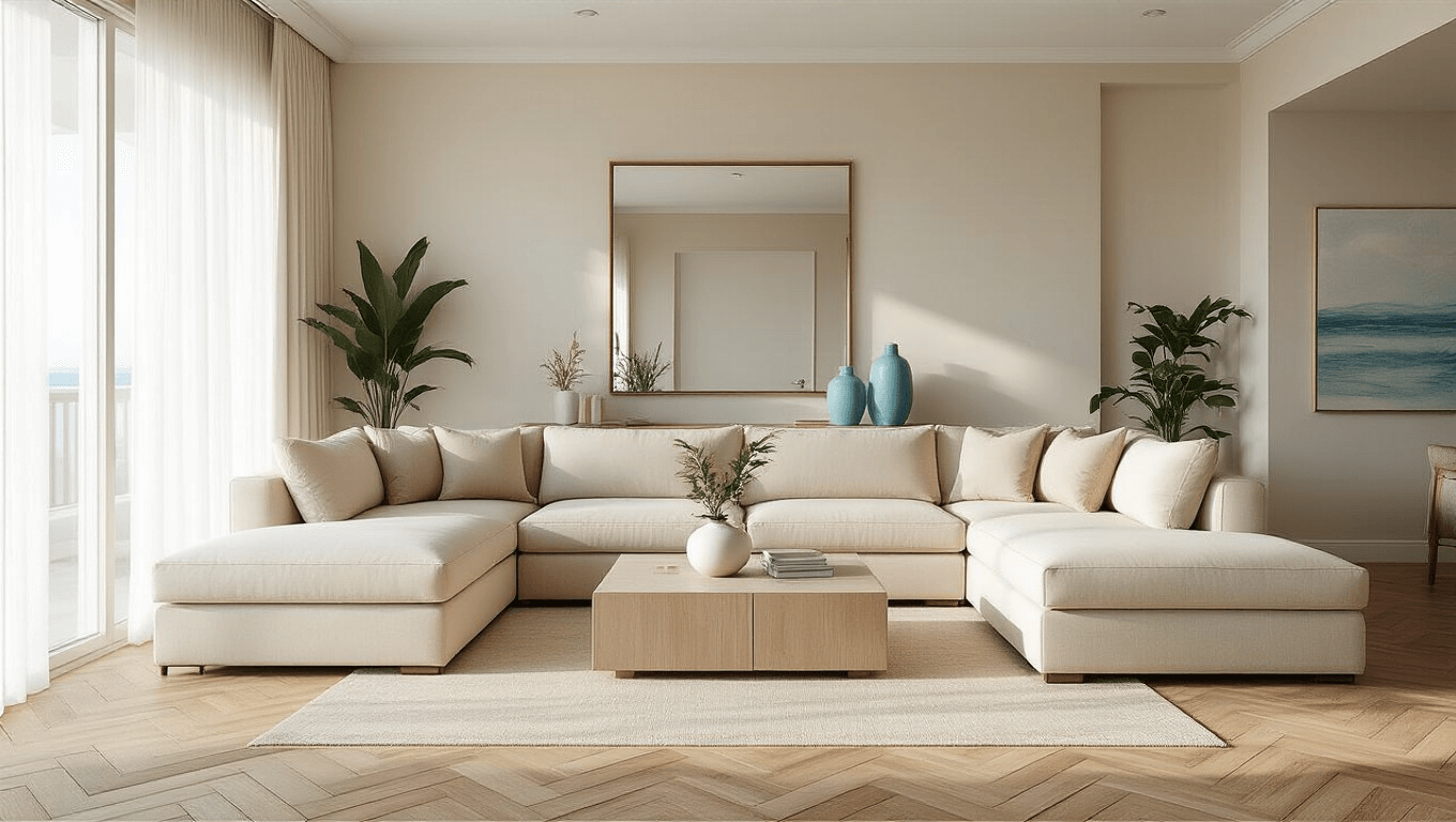 Sophisticated Florida condo living room with light beige sectional sofa, polished herringbone flooring, floor-to-ceiling windows, sheer white curtains, and ocean blue accents, bathed in warm natural light.