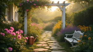 How to Create a Stunning Florida Cottage Garden That Actually Thrives A serene Florida cottage garden at golden hour, featuring pink pentas, purple tropical sage, and golden rudbeckia along a mossy stone pathway. A weathered white arbor draped with climbing roses, a vintage copper watering can, and a distressed garden bench set against soft morning light, with butterflies on salvia blooms and dewdrops on four o'clock flowers.