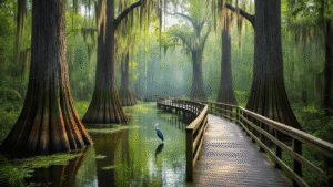 "Elevated wooden boardwalk winding through an ancient Florida cypress swamp, featuring 130-foot bald trees, moss-draped branches, emerald waters reflecting canopy, a great blue heron, wheelchair-accessible railings under a dappled sunlight morning atmosphere, National Audubon Society sanctuary signage, photorealistic nature photography style."