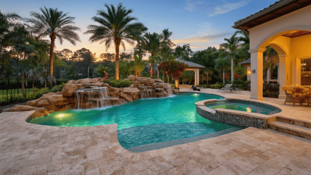 Florida Pool Ideas: Turn Your Backyard Into a Tropical Paradise Ultra-realistic twilight scene of a luxurious Florida lagoon pool with natural stone waterfall, tropical palm trees, travertine decking, and infinity edge, all illuminated by golden hour sunlight.
