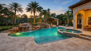 Florida Pool Ideas: Turn Your Backyard Into a Tropical Paradise Ultra-realistic twilight scene of a luxurious Florida lagoon pool with natural stone waterfall, tropical palm trees, travertine decking, and infinity edge, all illuminated by golden hour sunlight.