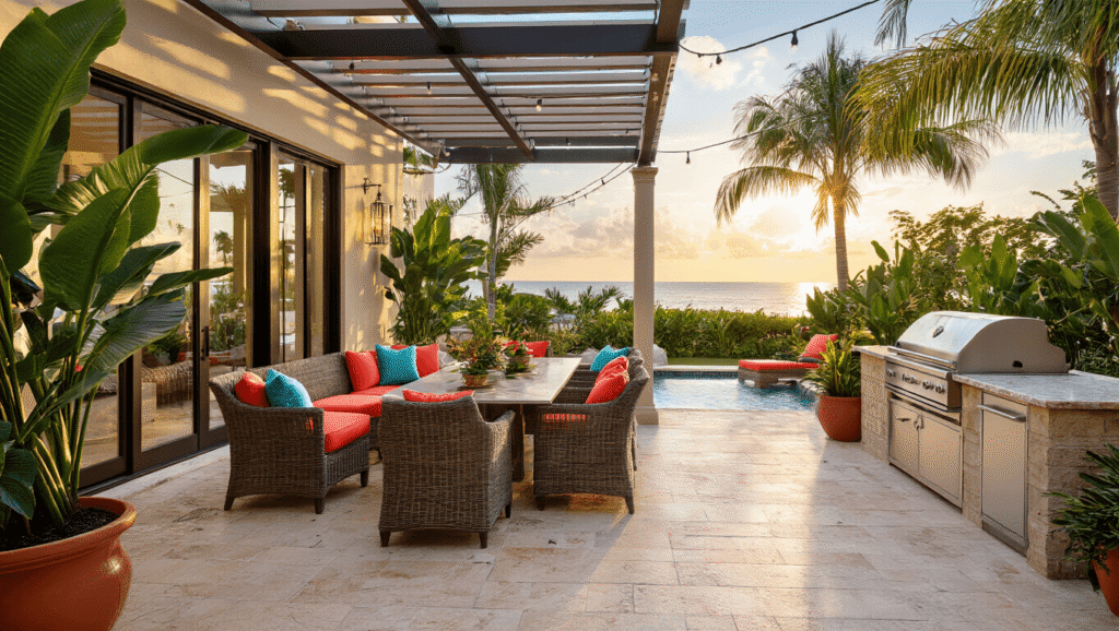 Luxurious Florida patio with aluminum furniture, travertine flooring, vibrant tropical plants, and ambient sunset lighting.