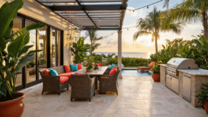 Ultimate Guide to Creating the Perfect Florida Patio: Transform Your Outdoor Living Space Luxurious Florida patio with aluminum furniture, travertine flooring, vibrant tropical plants, and ambient sunset lighting.
