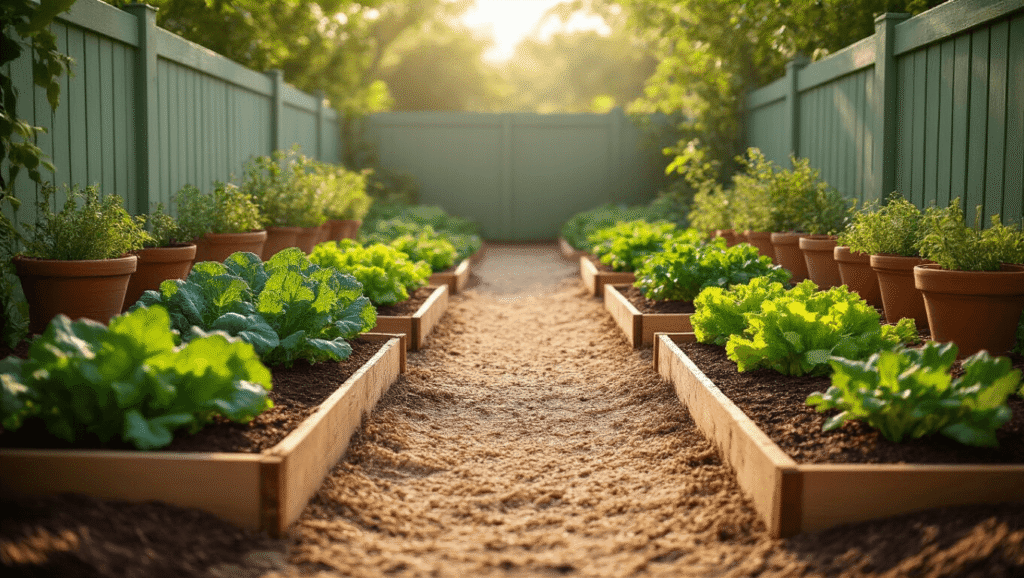 How to Garden Successfully in Florida's Unique Climate Vibrant Florida vegetable garden in morning light, featuring mulched raised beds with kale, lettuce, and broccoli, alongside cedar pathways and herb-filled terracotta pots, creating a warm subtropical atmosphere.