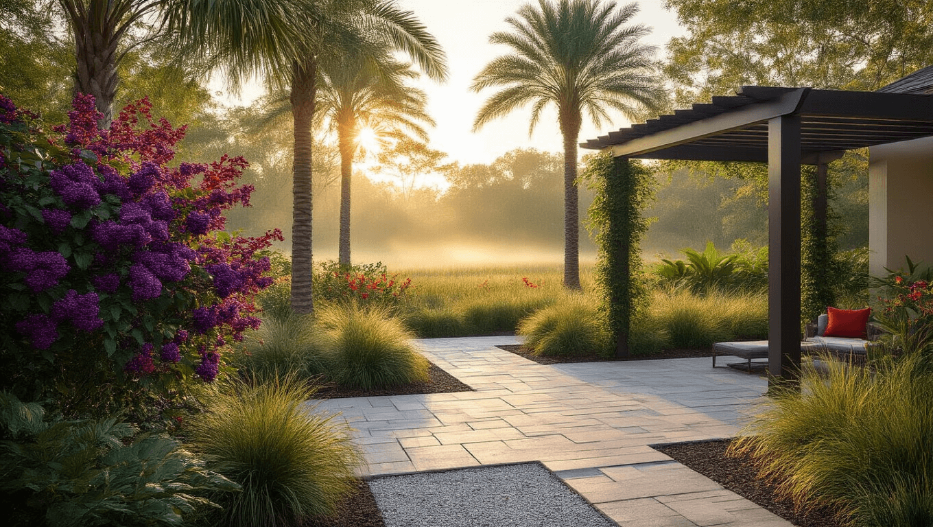 Ultra-realistic Florida backyard at sunrise featuring vibrant beautyberry, cabbage palms, firebush blooms, and fakahatchee grass, complemented by a modern paver patio and sleek aluminum pergola, with hummingbirds visiting scarlet sage amidst soft morning mist and lush native foliage.