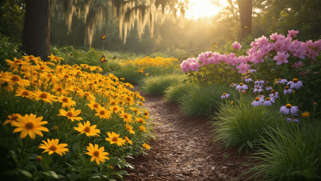 Cinematic wide-angle shot of a vibrant Florida native wildflower garden at golden hour, featuring layered plantings of yellow coreopsis, pink azaleas, and purple elliott's aster, with warm light filtering through Spanish moss and pollinators hovering over blooms.
