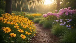 Florida Native Wildflowers: Your Ultimate Guide to Vibrant, Low-Maintenance Gardens Cinematic wide-angle shot of a vibrant Florida native wildflower garden at golden hour, featuring layered plantings of yellow coreopsis, pink azaleas, and purple elliott's aster, with warm light filtering through Spanish moss and pollinators hovering over blooms.