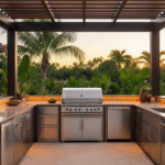 Ultra-realistic Florida outdoor kitchen at golden hour, featuring marine-grade stainless steel grill island, warm taupe granite countertops, aluminum cabinetry, and pergola, surrounded by tropical plants and inviting lighting.