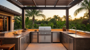 Your Florida Outdoor Kitchen Dreams (Without the Headaches) Ultra-realistic Florida outdoor kitchen at golden hour, featuring marine-grade stainless steel grill island, warm taupe granite countertops, aluminum cabinetry, and pergola, surrounded by tropical plants and inviting lighting.