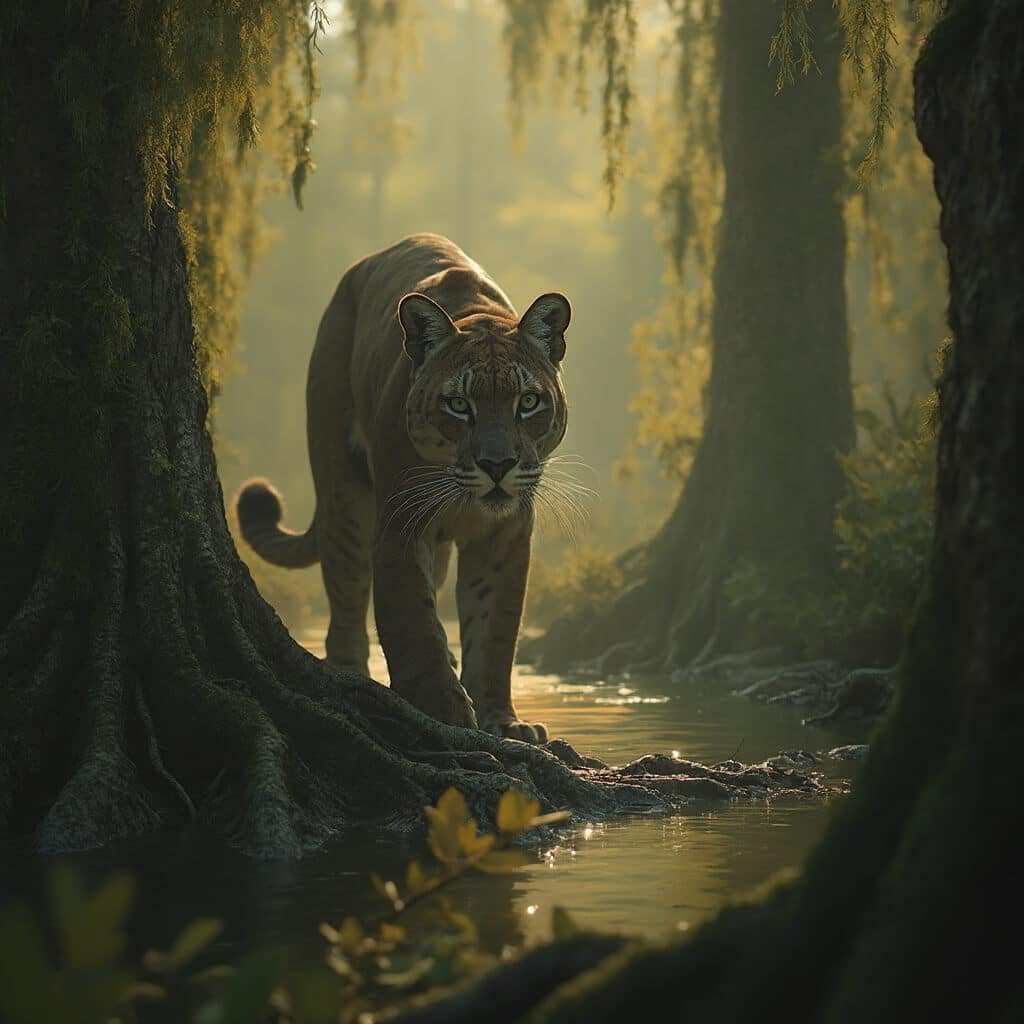 Florida panther prowling in cypress swamp at dawn with golden light filtering through moss, showcasing detailed fur texture and muscular profile against tree roots, with water reflection and dense vegetation in the background